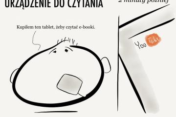 Humorystyczna grafika ilustrująca cyfrowe podręczniki i korzystanie z tabletów w szkole